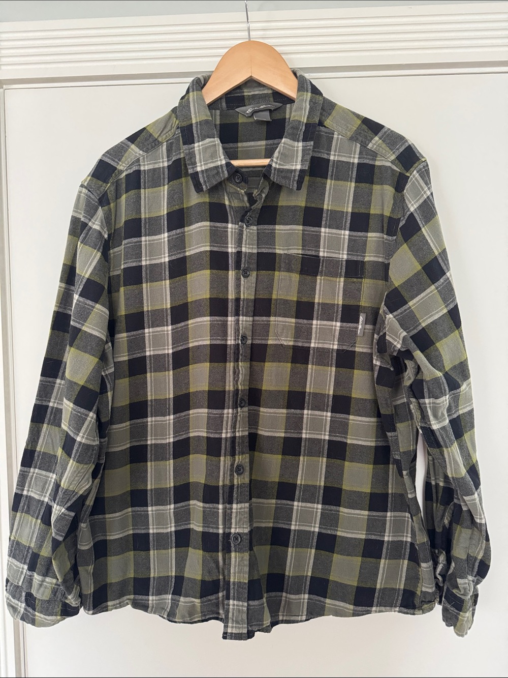 Eddie Bauer Plaid Button-Down Shirt in Olive and Black